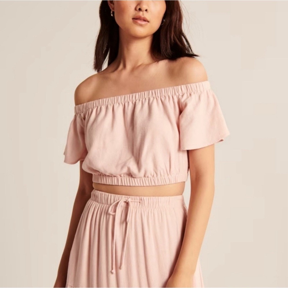 NEW Abercrombie & Fitch Off Shoulder Linen‎ Blend Crop Top Blush Pink XL Whimsy